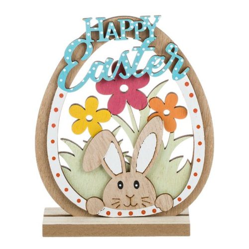 Decoratiune de Paste, ou din lemn cu cap de iepure, flori colorate si mesaj "Happy Easter", 12 x 4 x 15.8cm