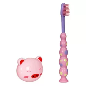   Periuta de dinti pentru copii, roz lila si husa protectie purcelus