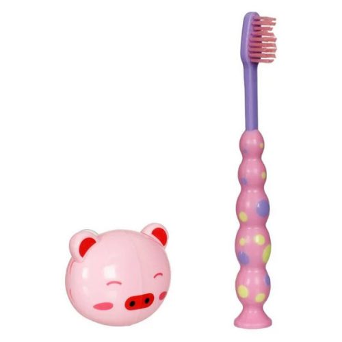 Periuta de dinti pentru copii, roz lila si husa protectie purcelus