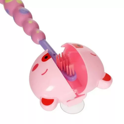 Periuta de dinti pentru copii, roz lila si husa protectie purcelus