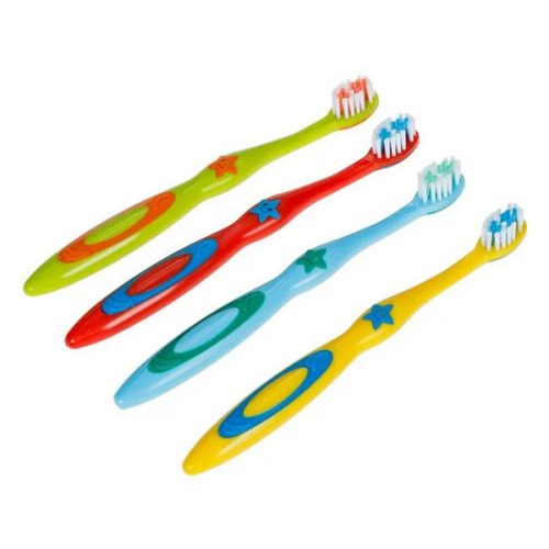 Periute de dinti pentru copii, bleu, verde, galbena, rosie, model stele, 4 bucati