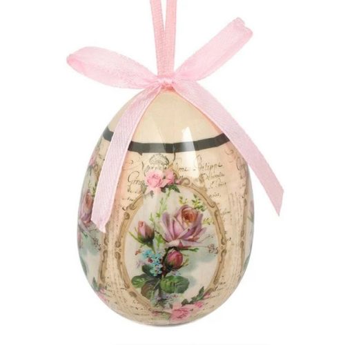 Ou decorativ de Paste, bej, cu trandafiri roz, vintage, 7.5 cm