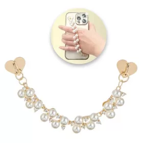   Decoratiune telefon mobil, maner auriu, margele cu strass Inimi, 16 cm