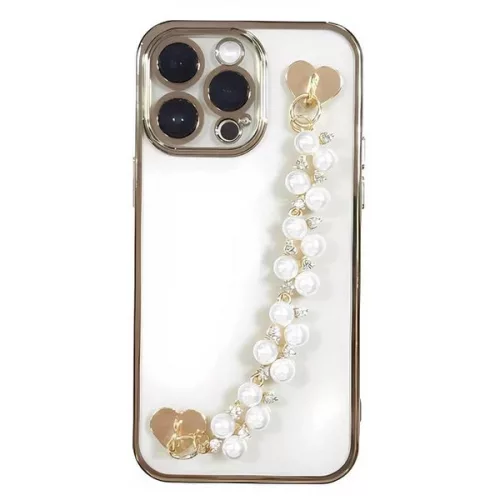 Decoratiune telefon mobil, maner auriu, margele cu strass Inimi, 16 cm