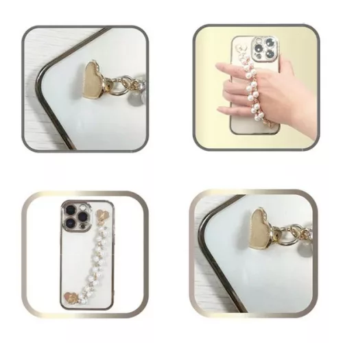 Decoratiune telefon mobil, maner auriu, margele cu strass Inimi, 16 cm
