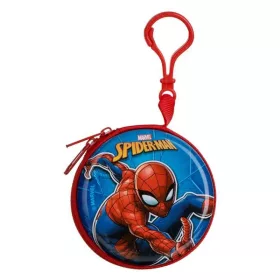   Portofel metalic pentru copii, rotund, model Spiderman, cu breloc, 7.5 cm, rosu