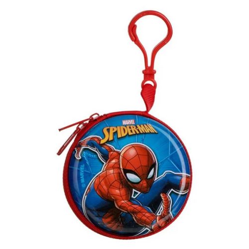 Portofel metalic pentru copii, rotund, model Spiderman, cu breloc, 7.5 cm, rosu