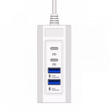   Incarcator casa Elworld JXL-255, 4 porturi (2 x USB, 2 x PD), cablu prelungitor 1 metru, alb