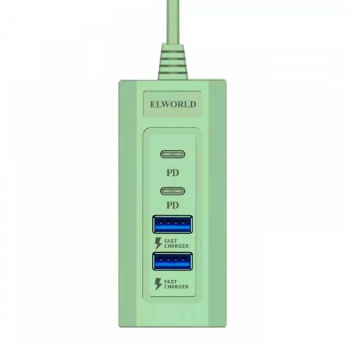 Incarcator casa Elworld JXL-255, 4 porturi (2 x USB, 2 x PD), cablu prelungitor 1 metru, verde