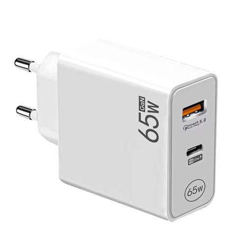 Incarcator priza 65W GaN, 2 porturi, 1 x USB QC 5.0, 1 x Type-C 33W, incarcare rapida, alb