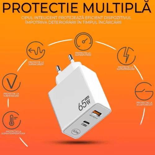 Incarcator priza 65W GaN, 2 porturi, 1 x USB QC 5.0, 1 x Type-C 33W, incarcare rapida, alb