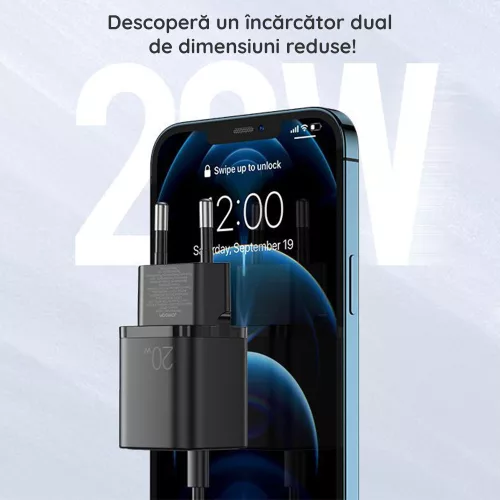 Incarcator casa Joyroom L-QP207, 20W, 1 x USB-C, 1 x USB-A, PD, QC 3.0, negru