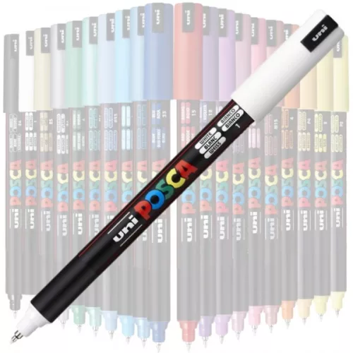 Marker UNI Posca, 0.7 mm, varf fin metalic, alb