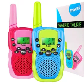   Set 2 Walkie Talkie pentru copii, T-388, ecran LCD, 6 km, 22 canale, albastru/roz