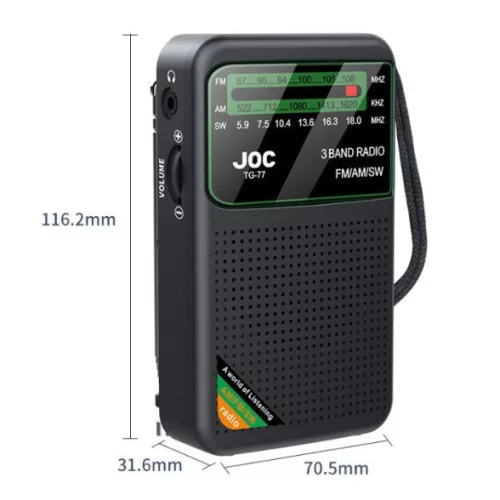 Radio portabil AM/FM/SW JOC TG-77, iesire jack 3.5 mm, acumulator 2000 mAH, cablu Type-C, negru