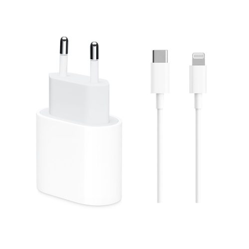Set incarcator casa USB-C 20W Fast Charger si cablu USB-C Lightning pentru iPad/iPhone seria 11/12/13, alb