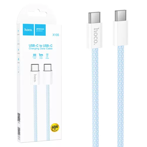 Cablu de date si incarcare Hoco X105, Type-C to Type-C, PD60W, QC3.0, 3A, 1 m, cablu impletit, incarcare rapida, albastru