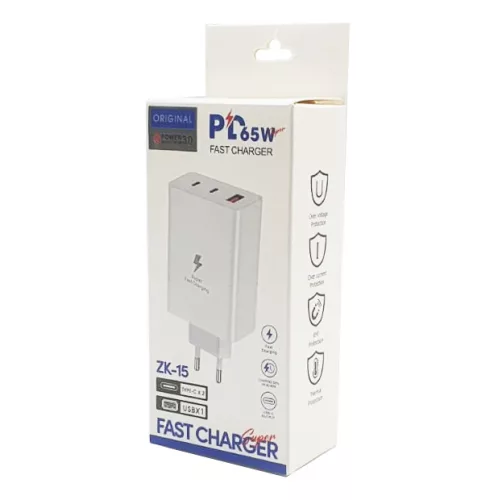 Incarcator telefon ZK-15, 65W,  2 porturi PD/Type-C + 1 port USB, incarcare super rapida, alb