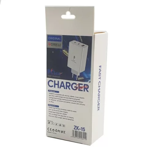 Incarcator telefon ZK-15, 65W,  2 porturi PD/Type-C + 1 port USB, incarcare super rapida, alb
