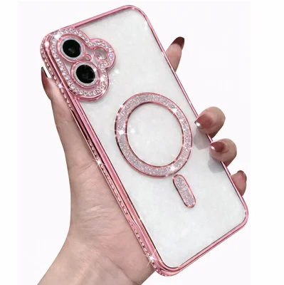 Husa Apple iPhone 16, Electroplating Bling Magsafe, protectie camera, margini roz