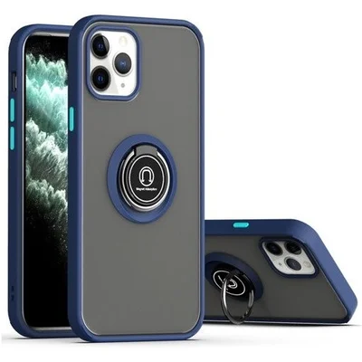 Husa protectie Apple iPhone 12/12 Pro, Metal Bracket, antisoc, inel sustinere, prindere magnetica, margini albastre