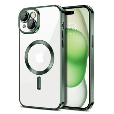 Husa Apple iPhone 15 Pro Max, Magsafe Electroplating TPU, protectie camera, margini verzi