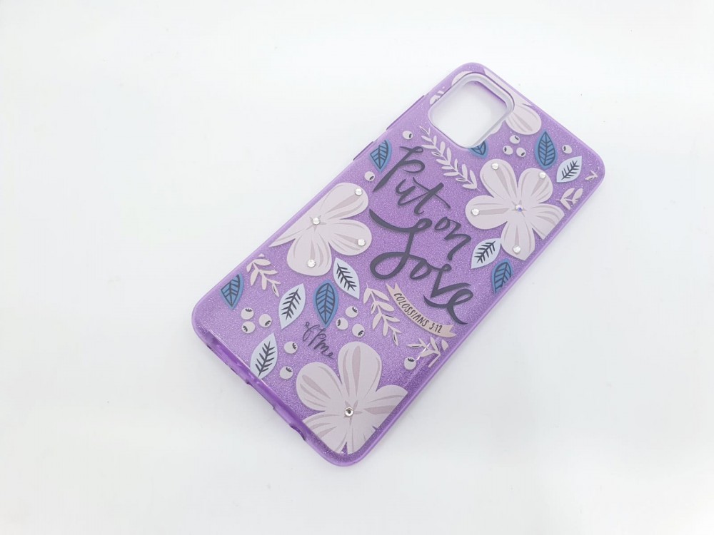 Husa Flowers Glitter pentru Samsung Galaxy S20 Ultra, cu mesaj, mov — varianta 2