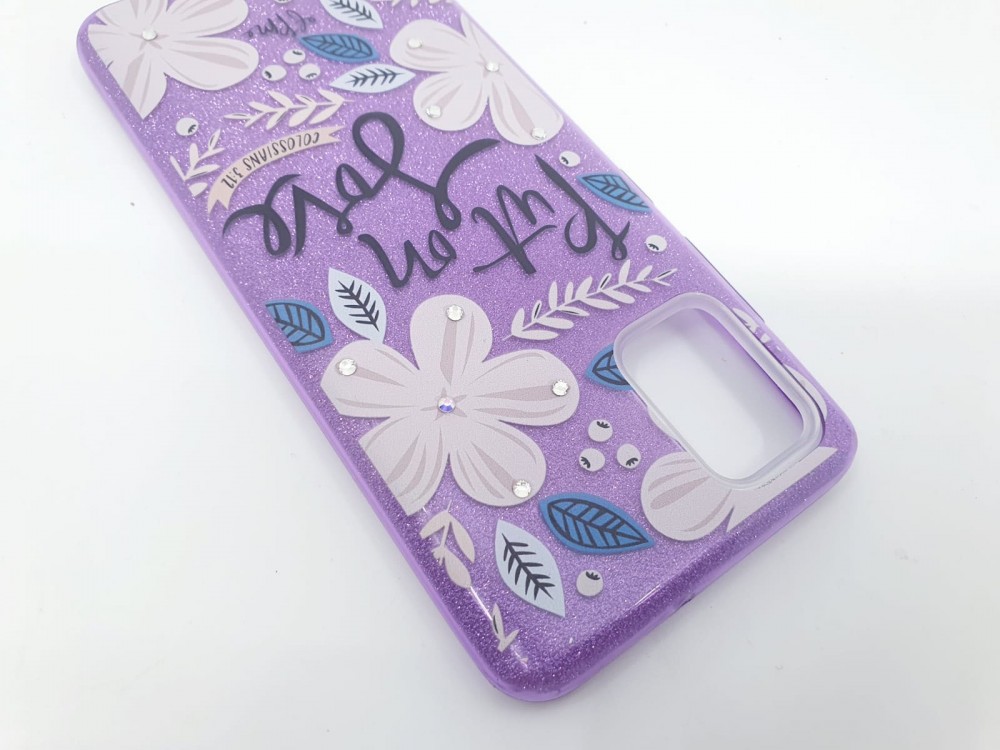 Husa Flowers Glitter pentru Samsung Galaxy S20 Ultra, cu mesaj, mov — varianta 3