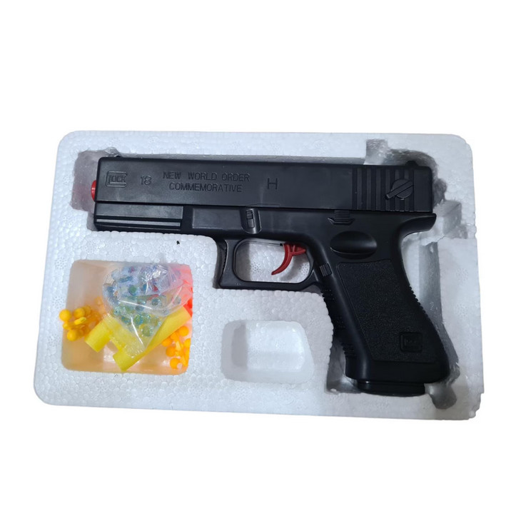 Pistol de jucarie tip Glock 18, incarcare manuala, 18 cm, 3 gloante moi din spuma cu ventuza, bile de gel orbeez si bile flexibile de silicon, negru lucios — 2