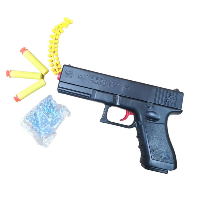 Pistol de jucarie tip Glock 18, incarcare manuala, 18 cm, 3 gloante moi din spuma cu ventuza, bile de gel orbeez si bile flexibile de silicon, negru lucios — 4