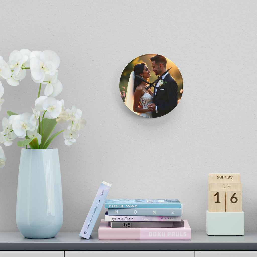 Ceas de perete rotund, personalizat cu poza ta, cadran din sticla, 20 cm, alimentare cu baterii — varianta 4