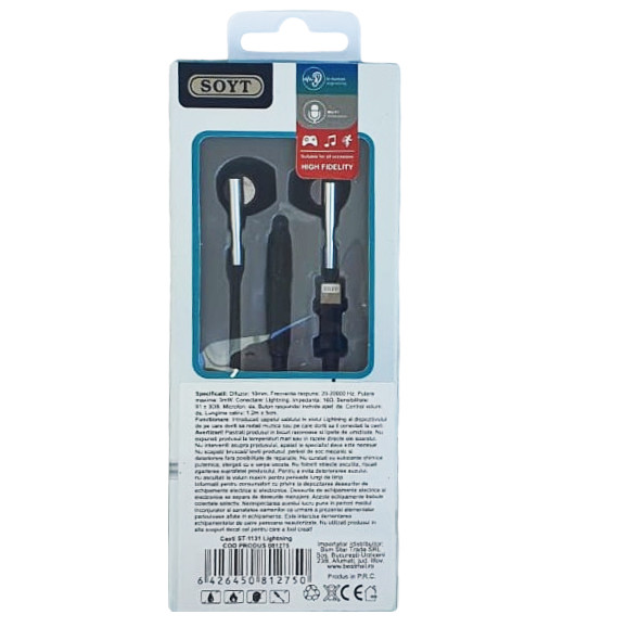 Casti audio cu microfon SOYT ST-1131, conector Lightning pentru iPhone/iPad, negre — varianta 2