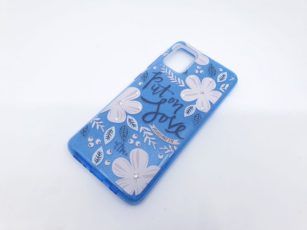 Husa Flowers Glitter pentru Samsung Galaxy S20, cu mesaj, albastra — varianta 2