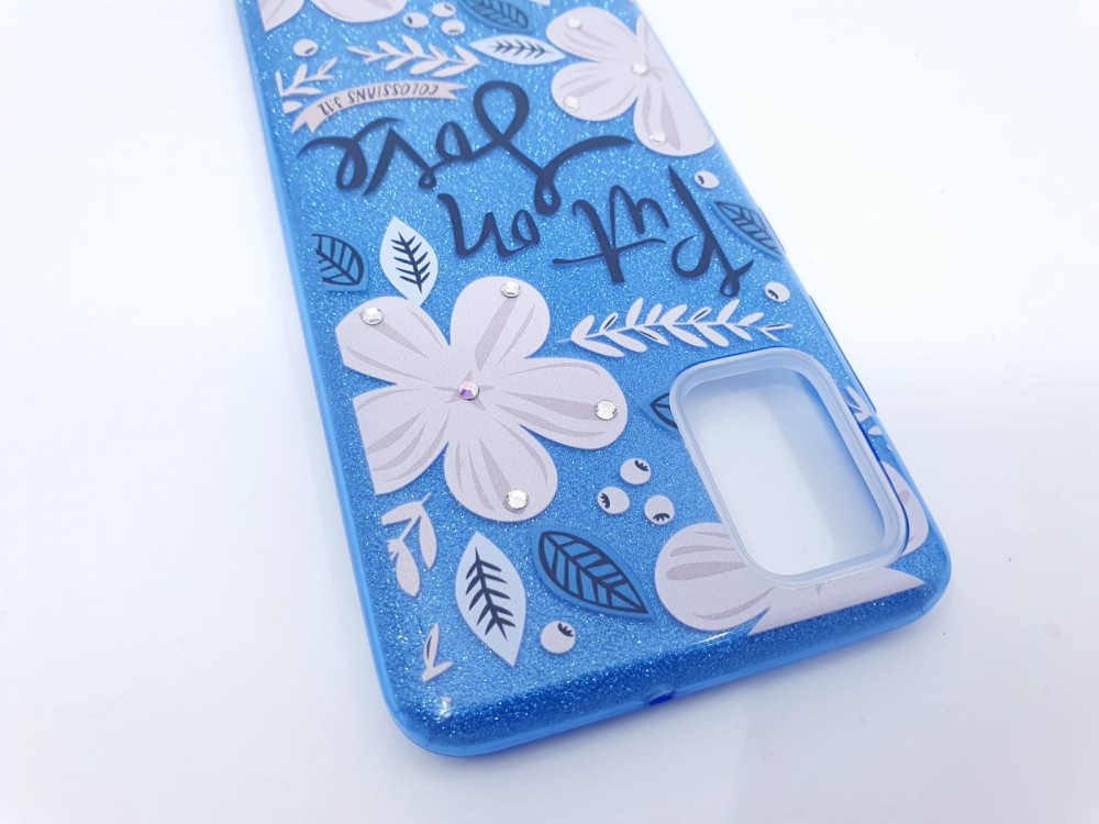 Husa Flowers Glitter pentru Samsung Galaxy S20, cu mesaj, albastra — varianta 3
