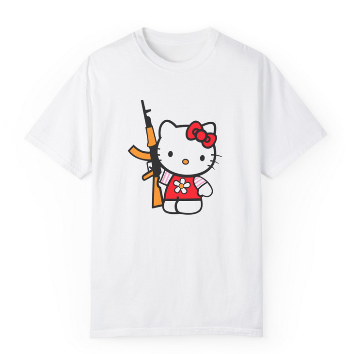 Tricou personalizat alb, copii/adulti, design Kitty with gun, modal, diverse marimi — varianta 2