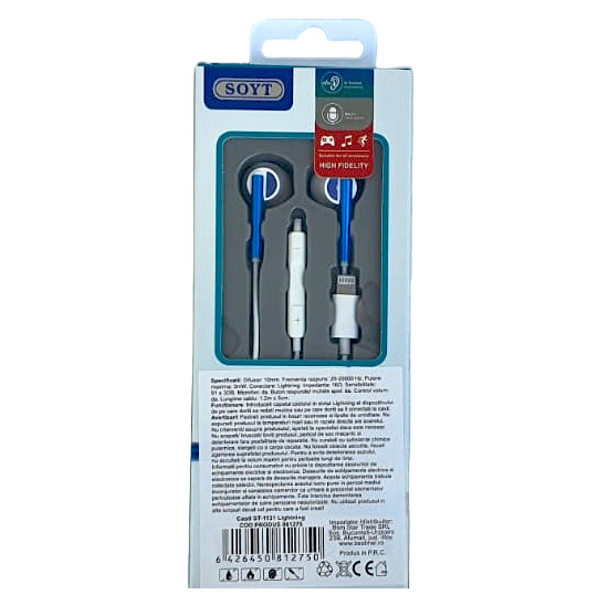 Casti audio cu microfon SOYT ST-1131, conector Lightning pentru iPhone/iPad, alb/albastru — varianta 2