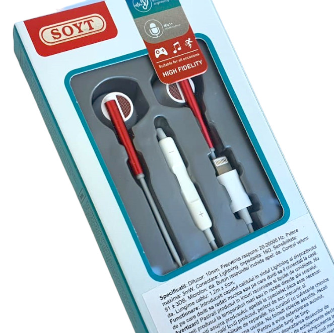 Casti audio cu microfon SOYT ST-1131, conector Lightning pentru iPhone/iPad, alb/rosu — varianta 3