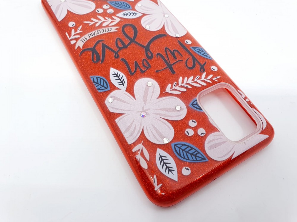 Husa Flowers Glitter pentru Samsung Galaxy S20, cu mesaj, rosie — varianta 2