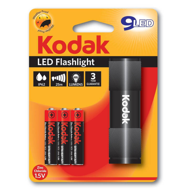 Lanterna Kodak 9 LED-uri, 46 lumeni, carcasa metalica, baterii incluse, neagra — varianta 2