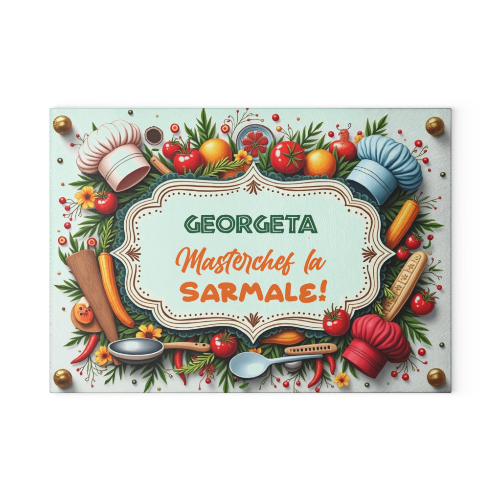Tocator de sticla, 27 x 18 cm, personalizabil cu nume si mesaj — varianta 2