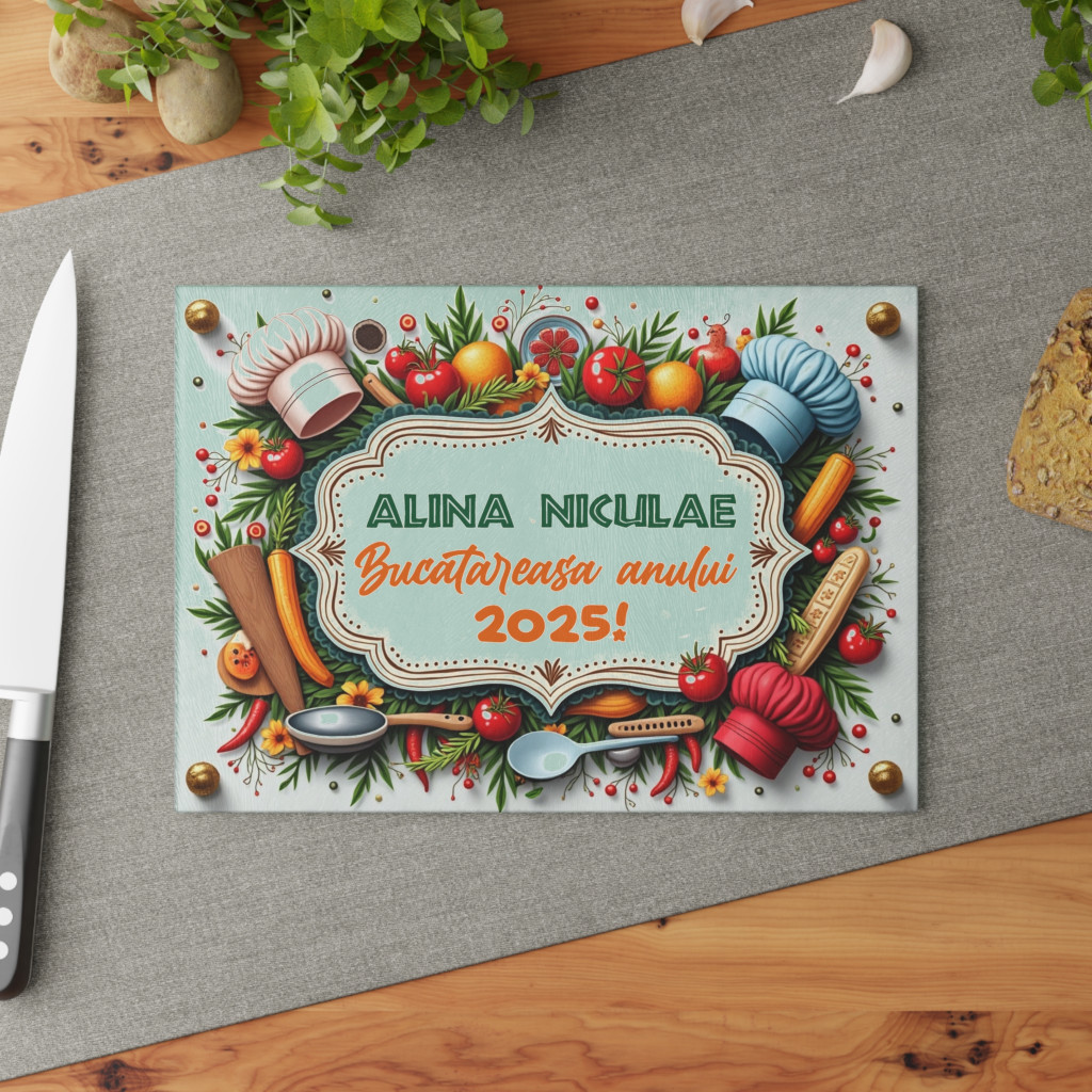 Tocator de sticla, 27 x 18 cm, personalizabil cu nume si mesaj — varianta 4
