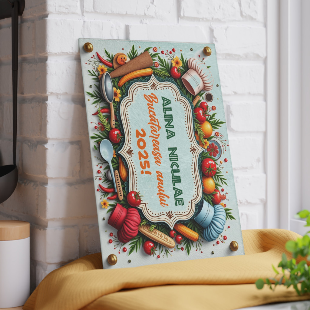 Tocator de sticla, 27 x 18 cm, personalizabil cu nume si mesaj — varianta 6
