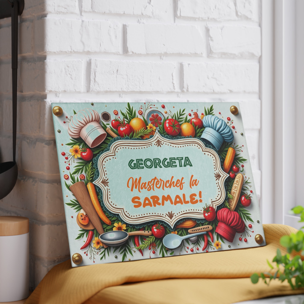 Tocator de sticla, 27 x 18 cm, personalizabil cu nume si mesaj — varianta 9