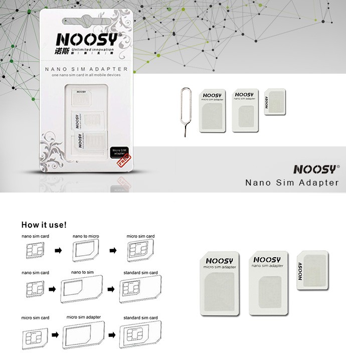 Set adaptoare SIM-uri NOOSY 4 in 1, include 3 adaptoare si un ac pentru extragere SIM — varianta 3