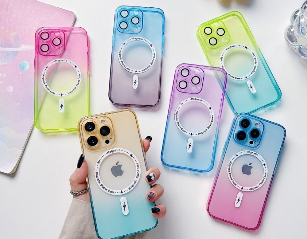 Husa Apple iPhone 14, Magsafe Gradient TPU, geam protectie camere, albastru/portocaliu — varianta 2