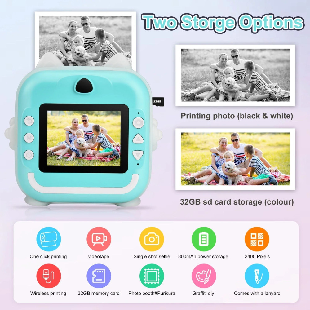 Aparat foto, camera video Full HD pentru copii, imprimanta termica incorporata, turcoaz — varianta 3