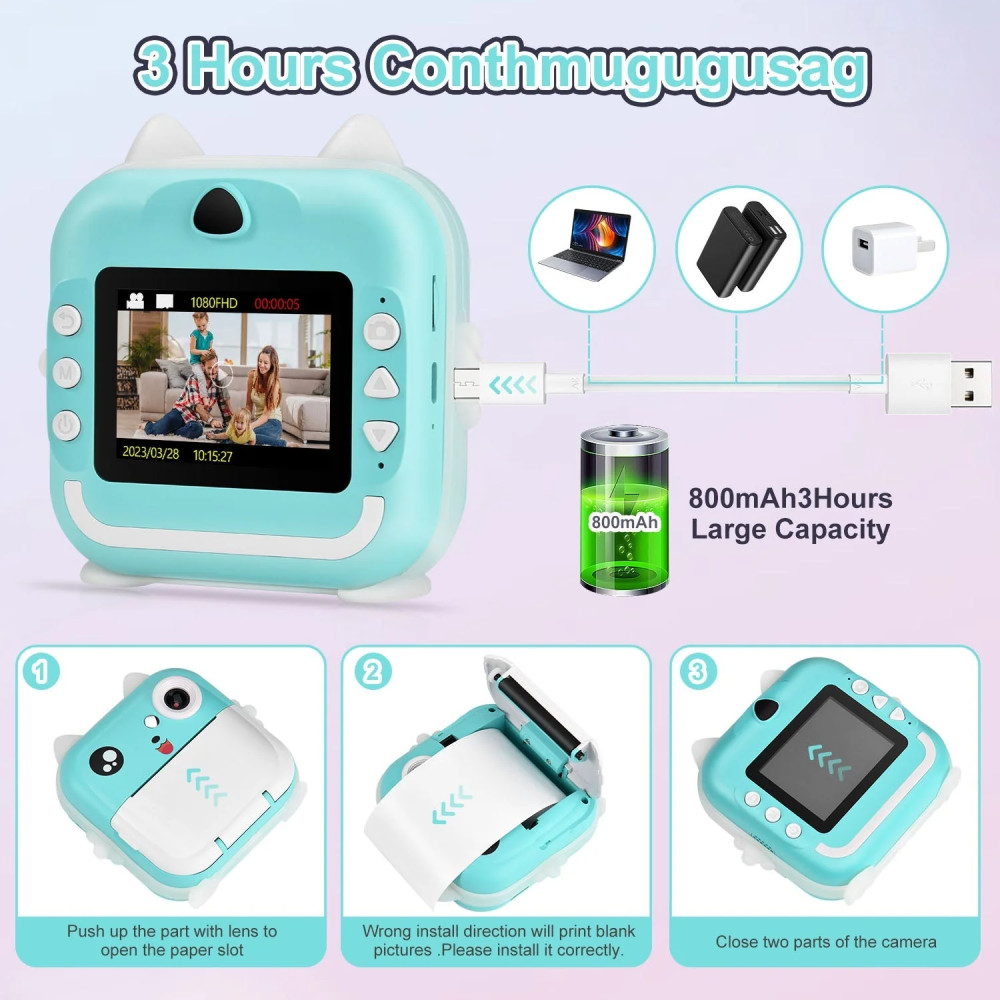 Aparat foto, camera video Full HD pentru copii, imprimanta termica incorporata, turcoaz — varianta 5