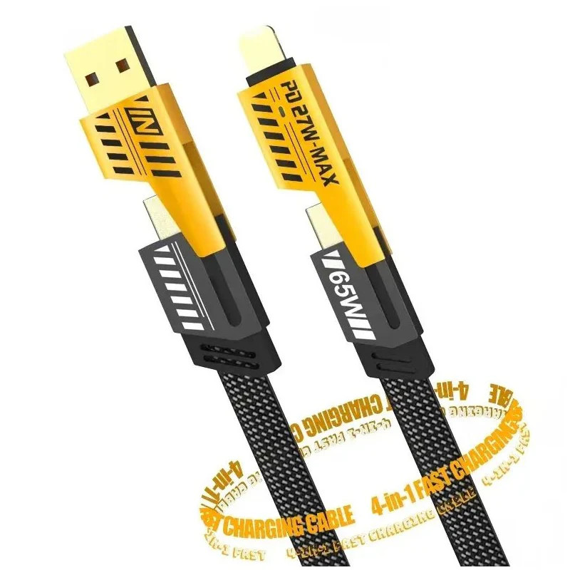 Cablu de date si incarcare 4 in 1, USB / Type C / Lightning, maxim 65W, impletit, plat, capete metalice — varianta 2