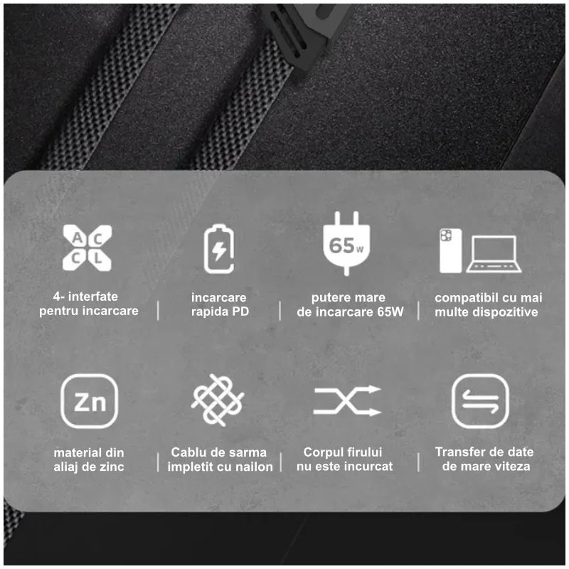 Cablu de date si incarcare 4 in 1, USB / Type C / Lightning, maxim 65W, impletit, plat, capete metalice — varianta 5