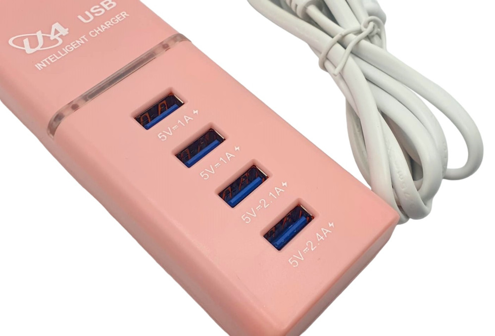 Incarcator casa U4, 4 porturi USB 5V - 2.4A, cablu prelungitor 1 metru, roz — 2